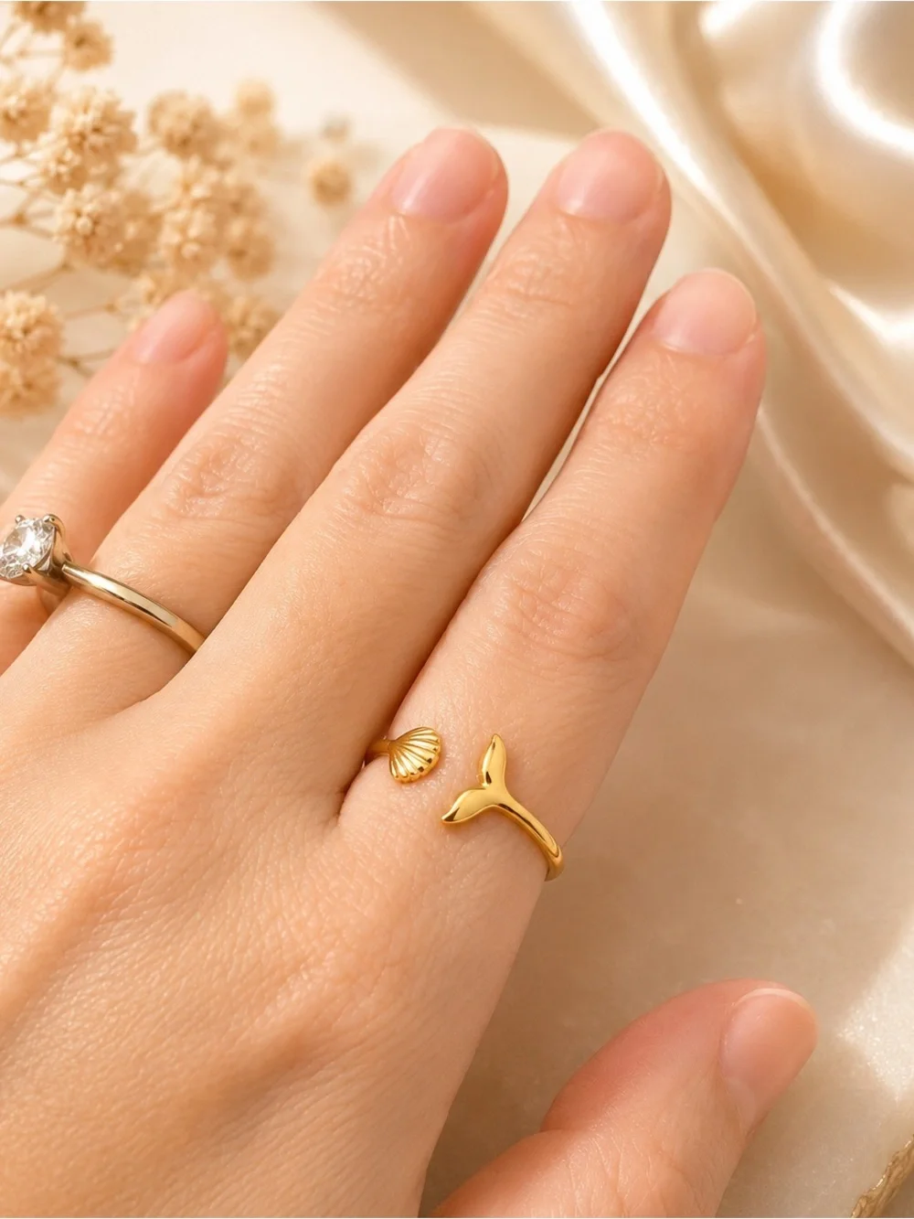 Gold Plated Open Cuff Ring with Shell and Whale Tail Accents Size 6 Adjustable